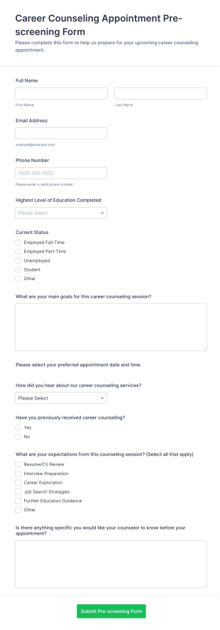Career Counseling Appointment Pre Screening Form Template
