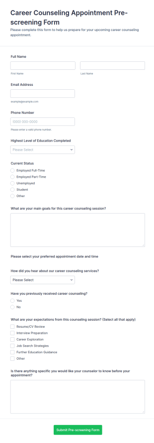 Career Counseling Appointment Pre Screening Form Template