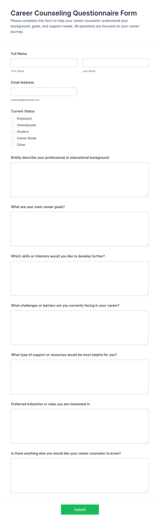 Career Counseling Questionnaire Form Template