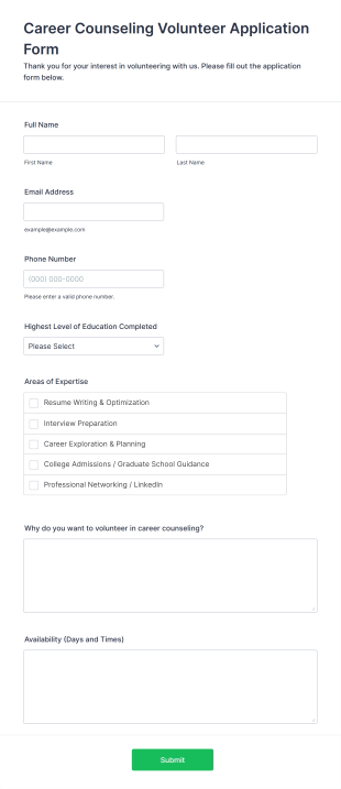 Career Counseling Volunteer Application Form Form Template