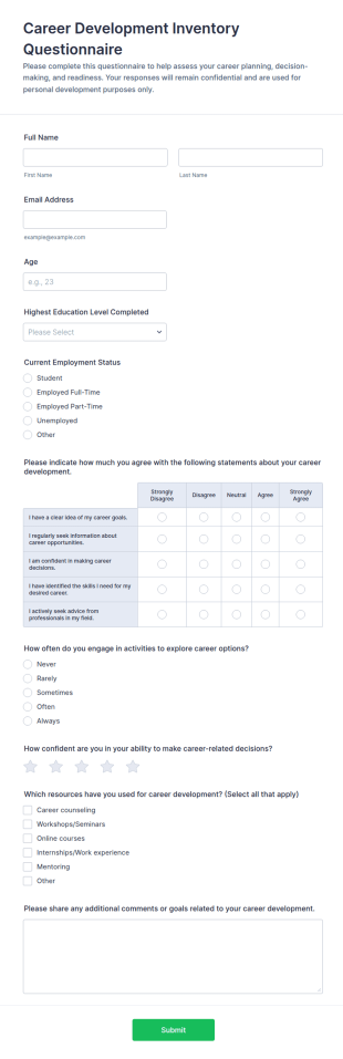 Career Development Inventory Questionnaire Form Template