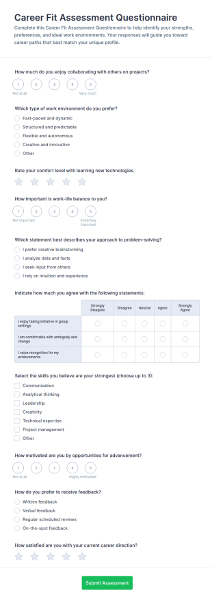 Career Fit Assessment Questionnaire Form Template