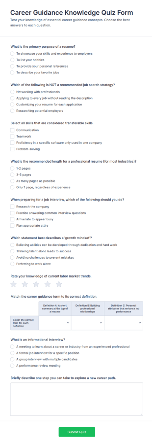 Career Guidance Knowledge Quiz Form Template