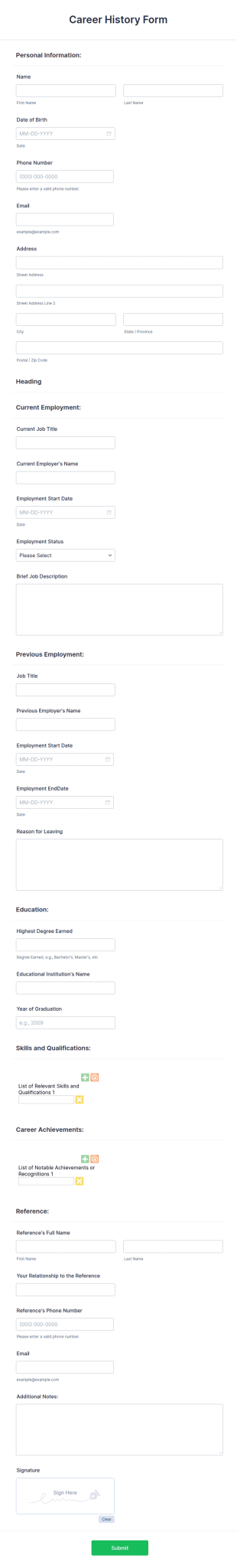 Career History Form Template