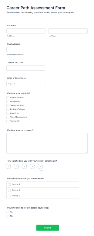Career Path Assessment Form Form Template