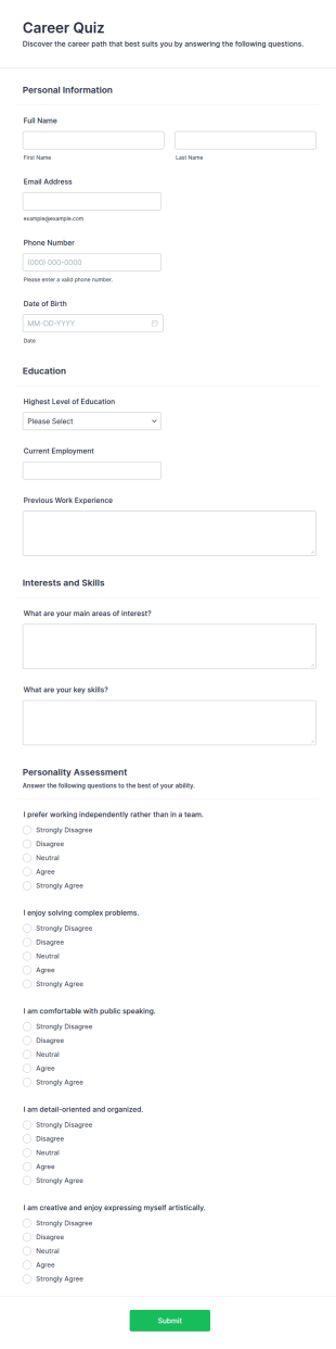 Career Quiz Form Template