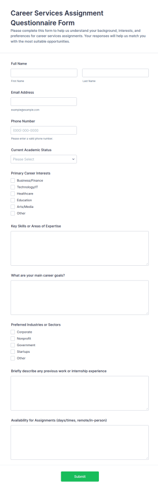 Career Services Assignment Questionnaire Form Template