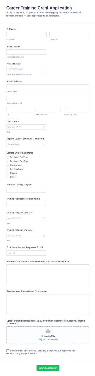 Career Training Grant Application Form Template