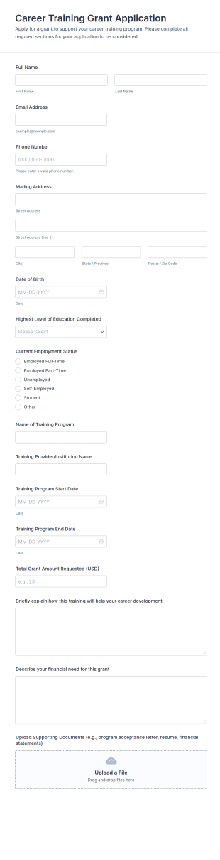 Career Training Grant Application Form Template