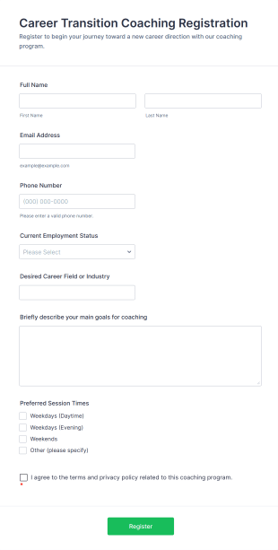 Career Transition Coaching Registration Form Template