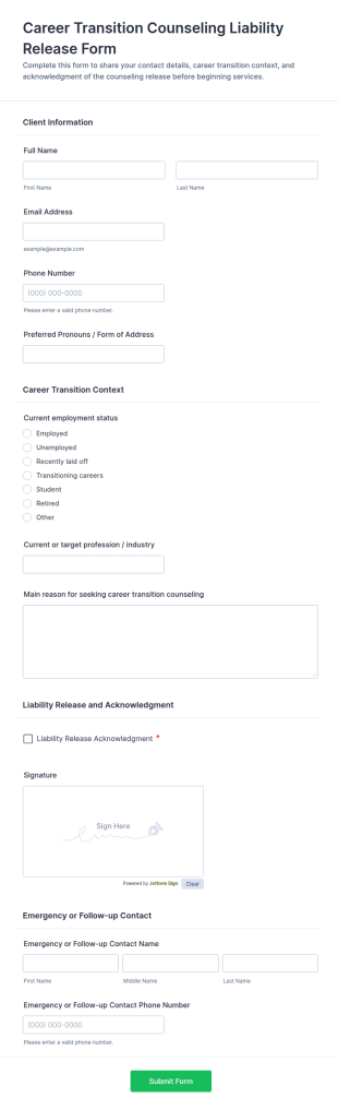 Career Transition Counseling Liability Release Form Template