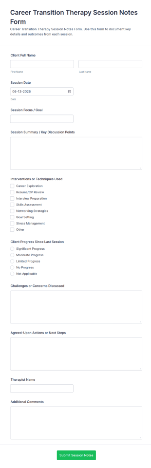 Career Transition Therapy Session Notes Form Template