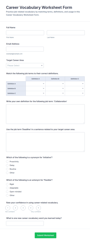 Career Vocabulary Worksheet Form Template