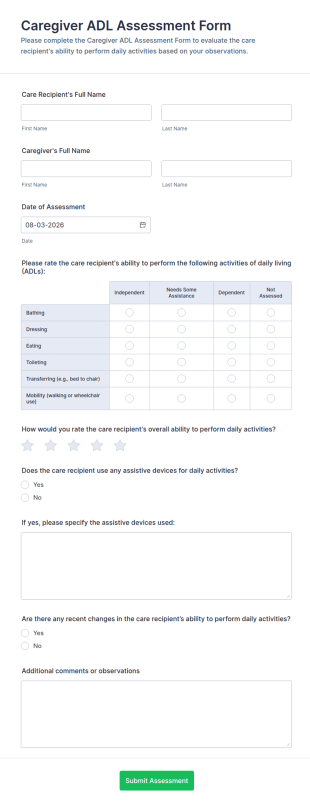 Caregiver ADL Assessment Form Template
