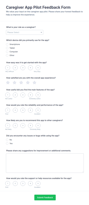 Caregiver App Pilot Feedback Form Template