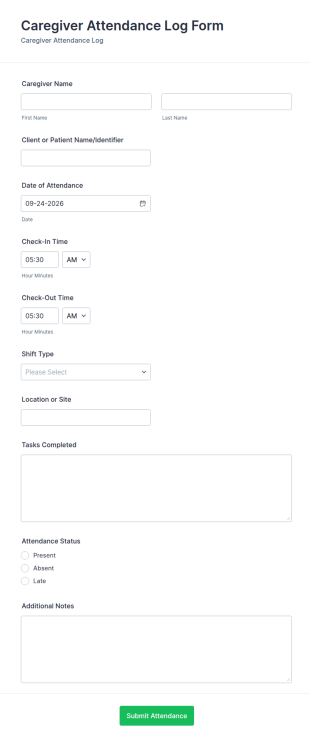 Caregiver Attendance Log Form Template