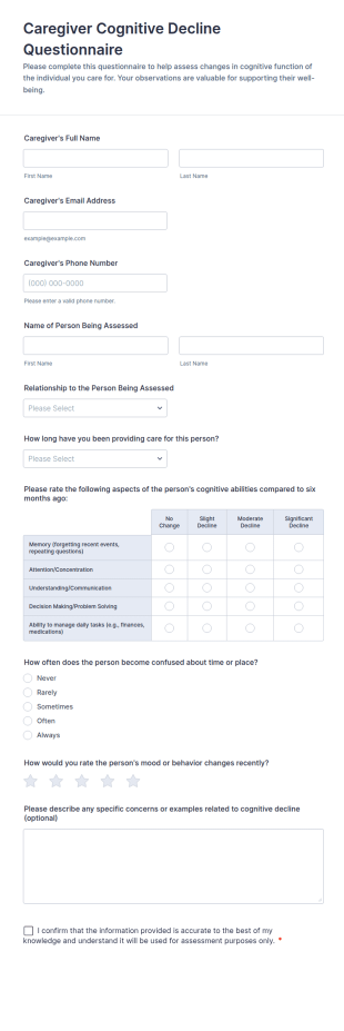 Caregiver Cognitive Decline Questionnaire Form Template