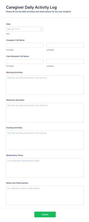 Caregiver Daily Activity Log Form Template