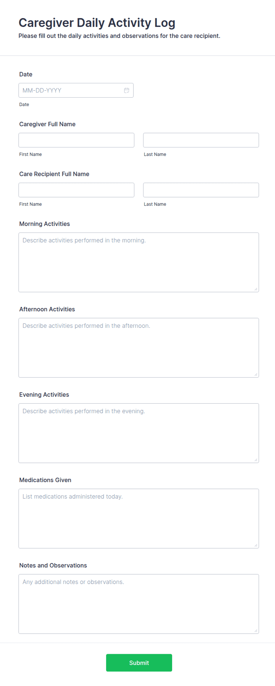 Caregiver Daily Activity Log Form Template | Jotform