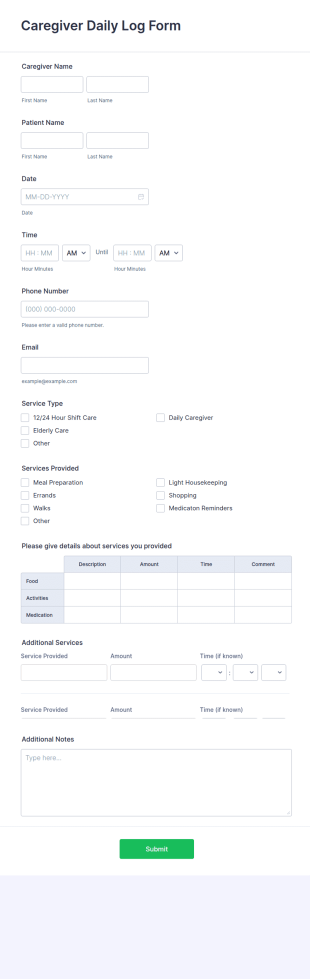 Caregiver Daily Log Form Template