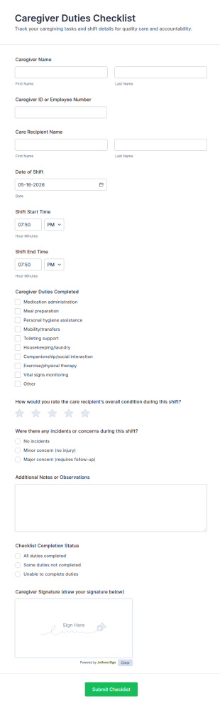 Caregiver Duties Checklist Form Template