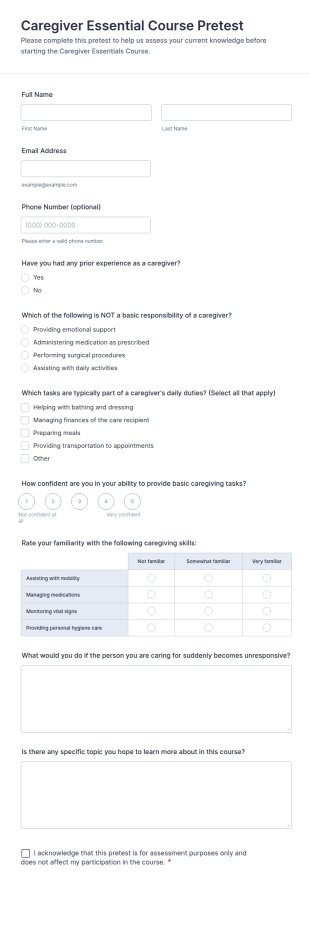 Caregiver Essential Course Pretest Form Template