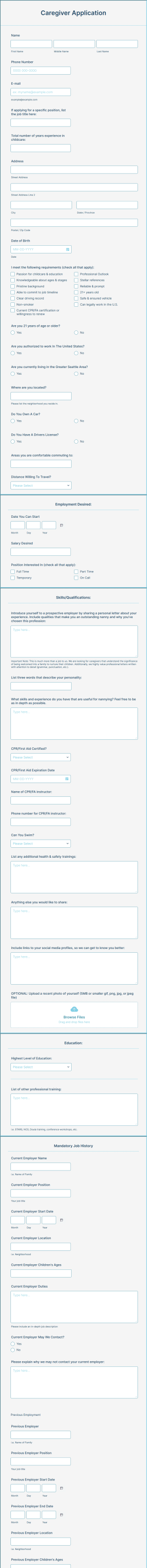 Caregiver Job Application Form Template