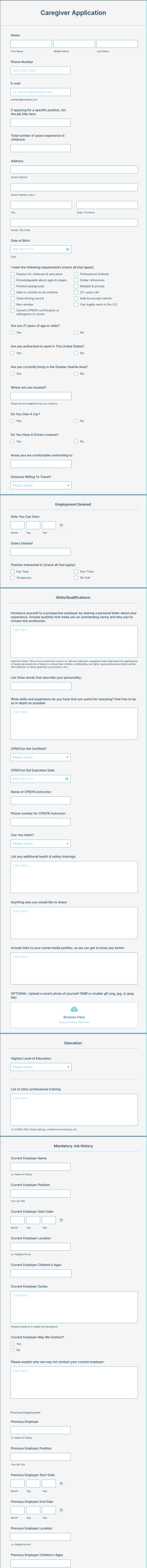 Caregiver Job Application Form Template