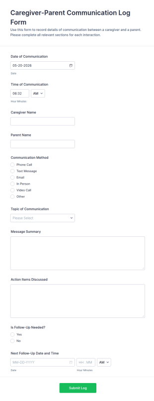 Caregiver Parent Communication Log Form Template