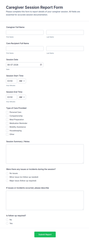 Caregiver Session Report Form Template