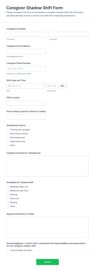 Caregiver Shadow Shift Form Template