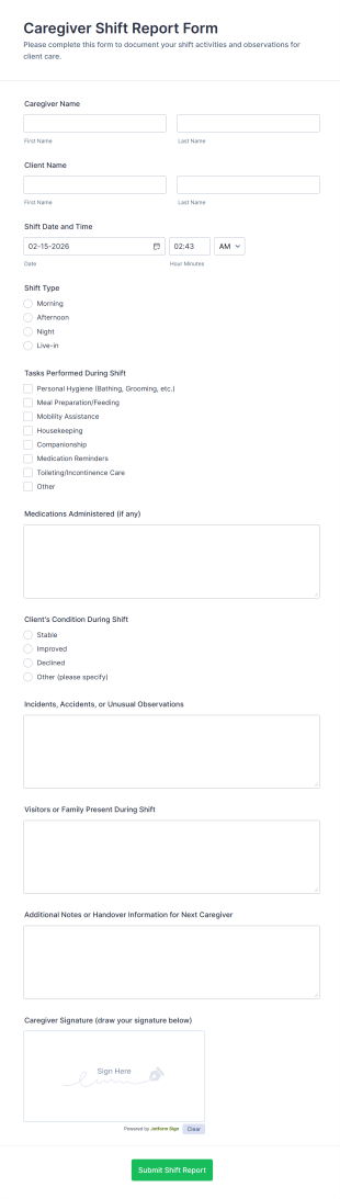 Caregiver Shift Report Form Template