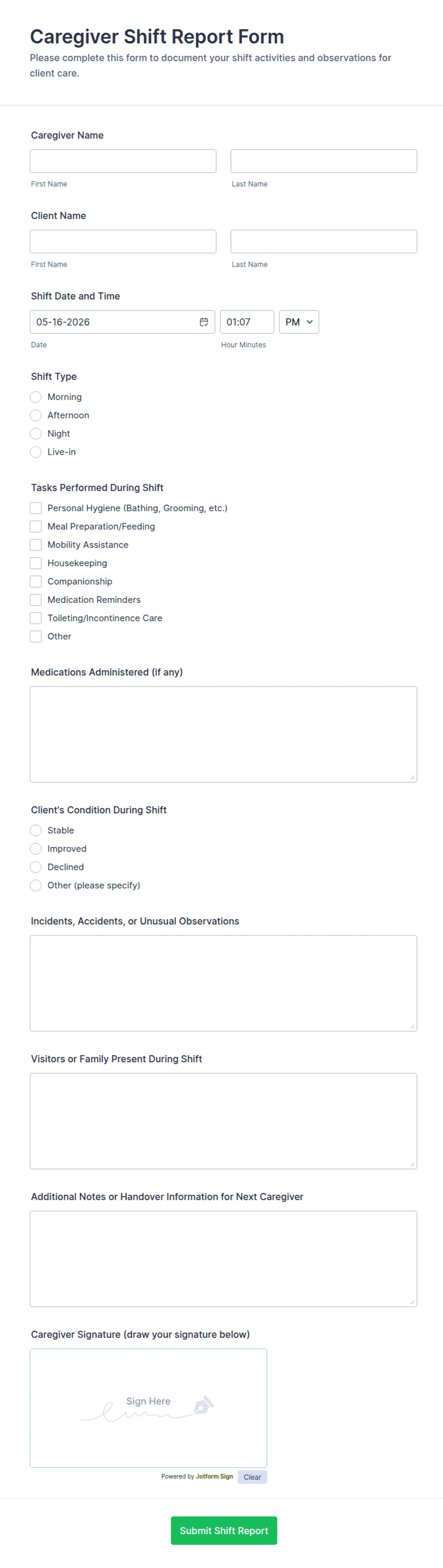 Shadow Shift Form.pdf Caregiver Shift Report Form Template | Jotform