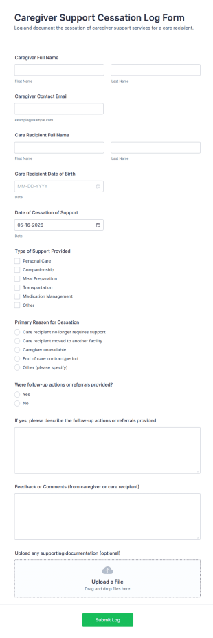 Caregiver Support Cessation Log Form Template