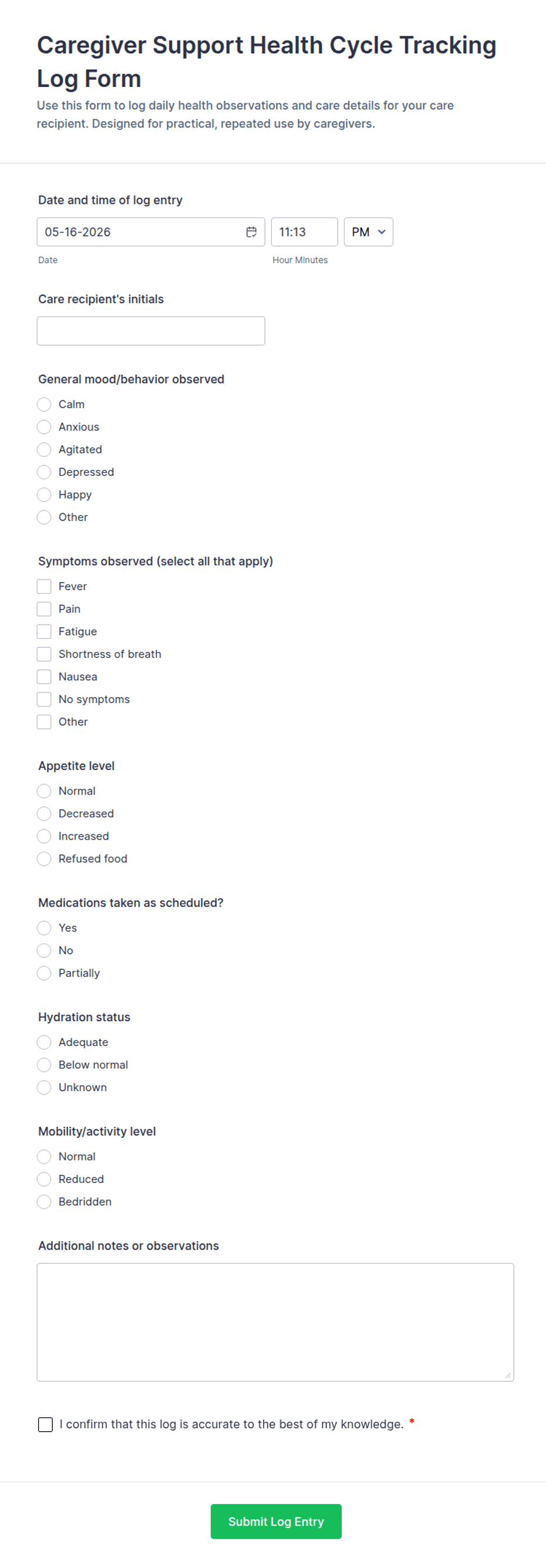 Caregiver Support Health Cycle Tracking Log Form Template | Jotform
