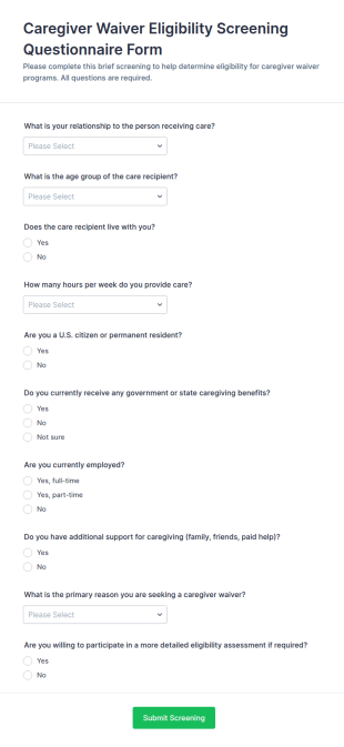 Caregiver Waiver Eligibility Screening Questionnaire Form Template