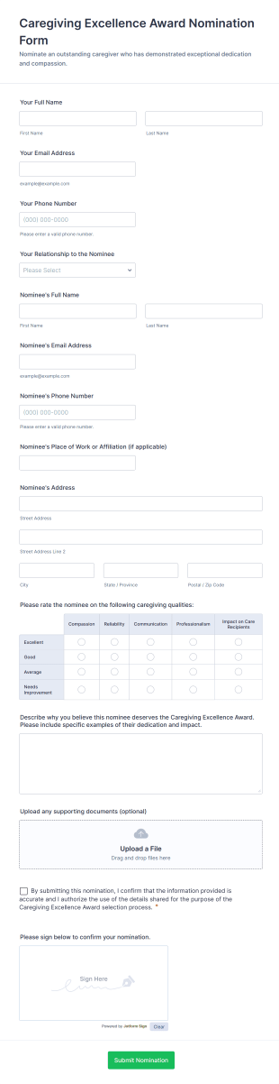 Caregiving Excellence Award Nomination Form Template
