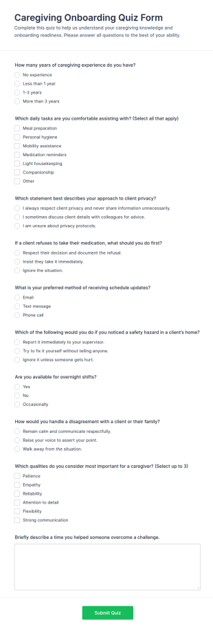 Caregiving Onboarding Quiz Form Template