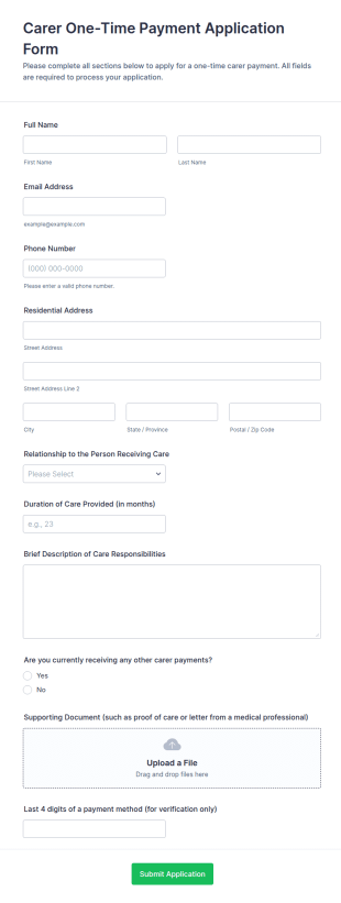 Carer One Time Payment Application Form Template