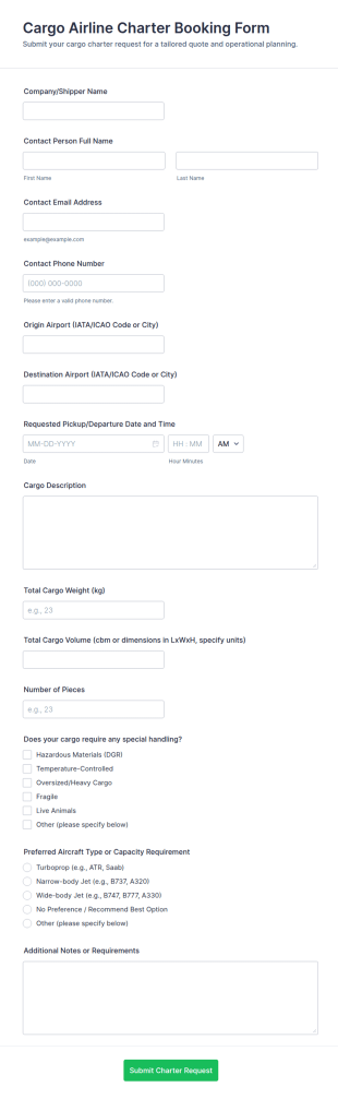 Cargo Airline Charter Booking Form Template