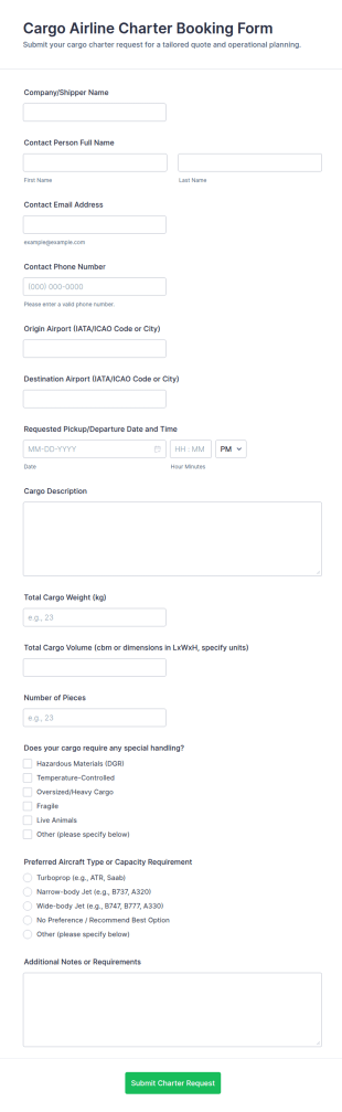 Cargo Airline Charter Booking Form Template
