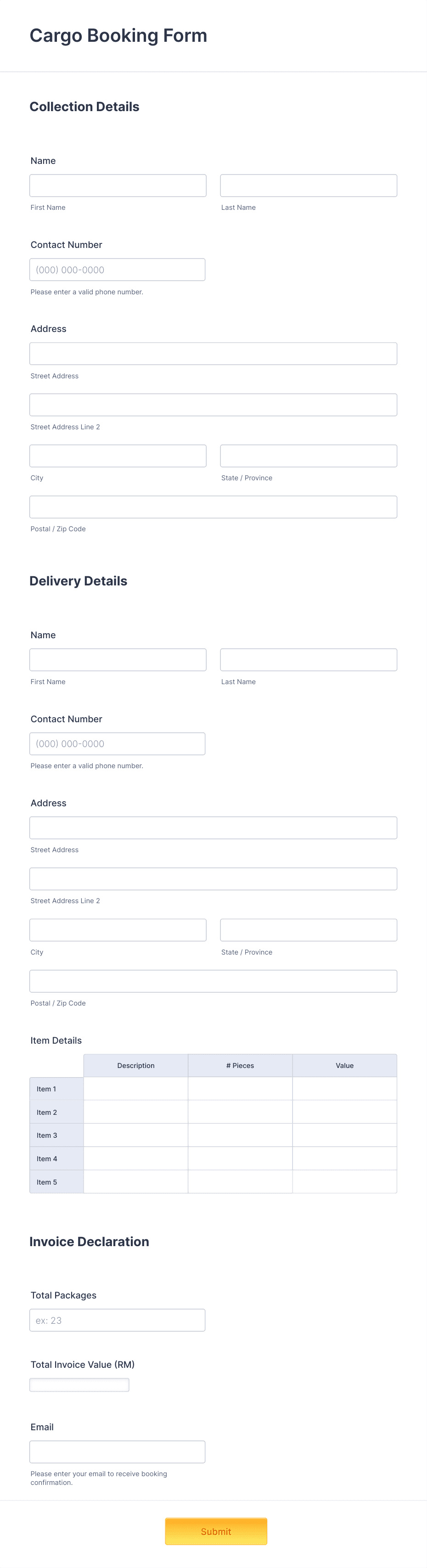 Cargo Booking Form Template | Jotform