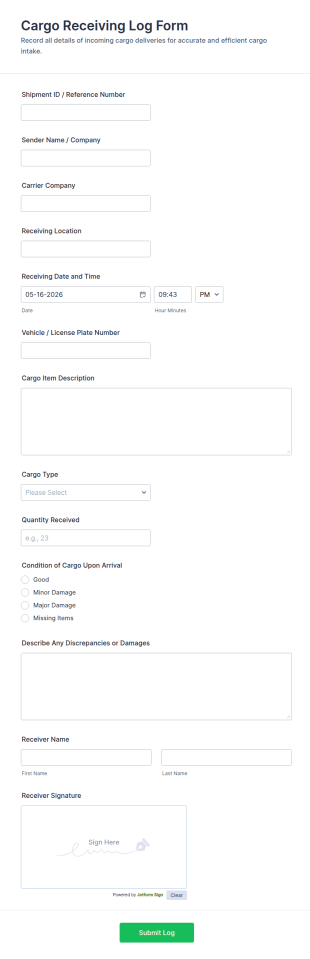 Cargo Receiving Log Form Template