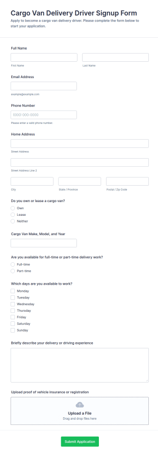 Cargo Van Delivery Driver Signup Form Template