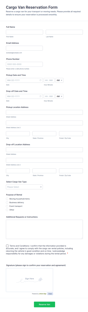 Cargo Van Reservation Form Template
