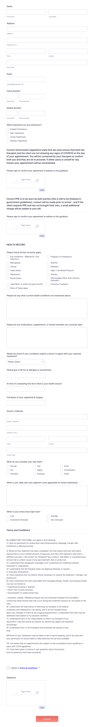 Beauty Consultation And Health Intake Form Template
