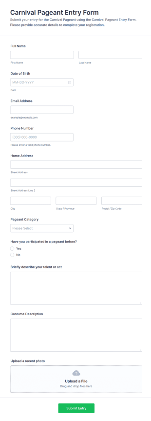 Carnival Pageant Entry Form Template