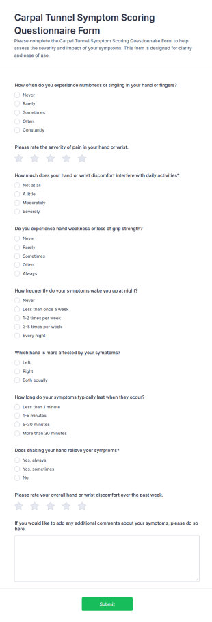 Carpal Tunnel Symptom Scoring Form Template
