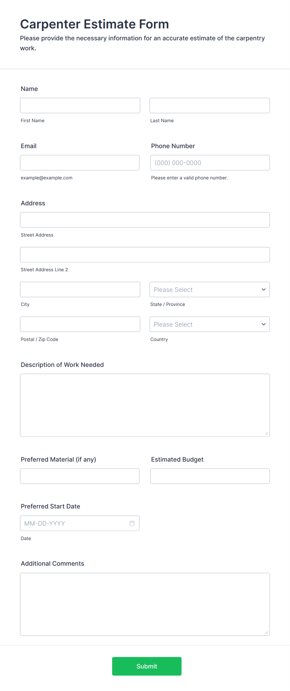 Carpenter Estimate Form Template | Jotform