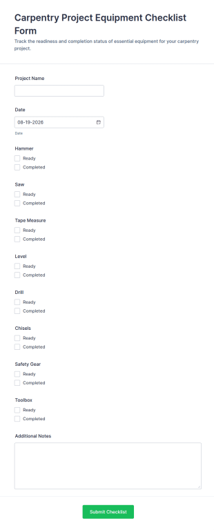 Carpentry Project Equipment Checklist Form Template